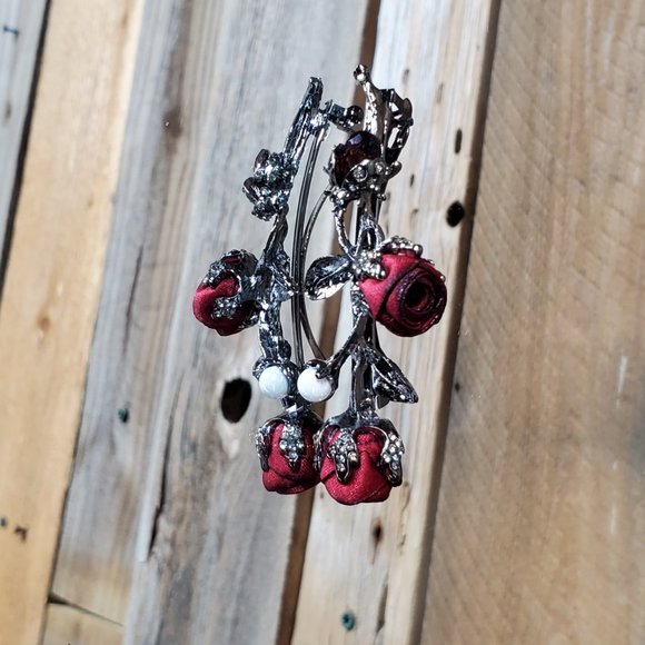 Deep Red Petite Silk Roses Hair Barrette - Hair Clip with Pearl & Garnet Crystal - Picture 8 of 9